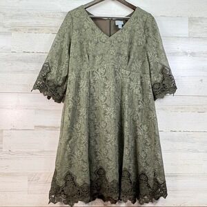 Rabbit Rabbit Rabbit Petite Womens Olive Green Floral Lace A-Line Dress Size 14P